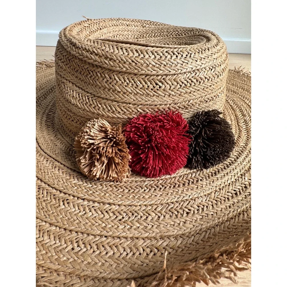 J. Jill Straw Sun Hat Wide Frayed Brim Pom Poms Natural Tan